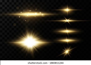 Shining golden stars isolated on black background. Effects, glare, lines, glitter, explosion, golden light. Vector illustration.Set. 