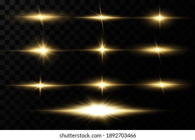 Shining golden stars isolated on black background. Effects, glare, lines, glitter, explosion, golden light. Vector illustration.Set. 