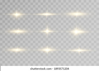 Estrellas doradas brillantes aisladas sobre fondo negro. Efectos, resplandor, líneas, brillo, explosión, luz dorada. Ilustración del vector