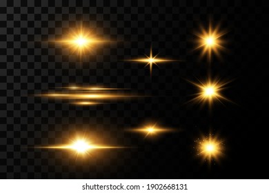 Shining golden stars isolated on black background. Effects, glare, lines, glitter, explosion, golden light. Vector illustration