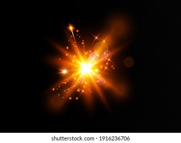 Shining golden stars isolated on black background. Effects, glare, lines, glitter, explosion, golden light. Vector illustration.Set.