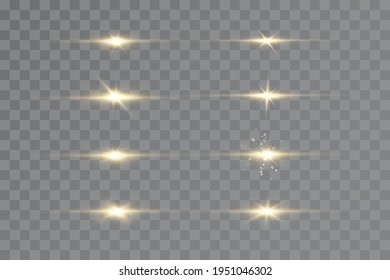 Shining golden stars isolated on black background. Effects, glare, lines, glitter, explosion, golden light. Vector illustration.Set. 