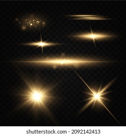 Shining golden stars isolated on black background. Effects, glare, lines, glitter, explosion, golden light. Vector illustration