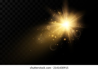 Shining golden stars isolated on black background. Effects, glare, lines, glitter, explosion, golden light. Vector illustration
