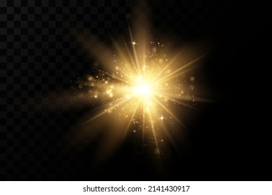Shining golden stars isolated on black background. Effects, glare, lines, glitter, explosion, golden light. Vector illustration
