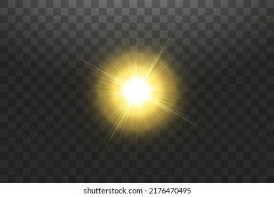 Shining golden stars isolated on transparent background. Effects, glare, lines, glitter, explosion, golden light. Vector illustration.