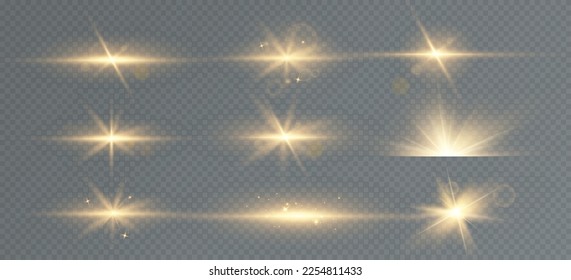 Estrellas doradas brillantes aisladas en un fondo transparente. Efectos, resplandor, líneas, brillo, explosión, luz dorada. Ilustración del vector