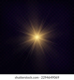 Shining golden stars isolated on black background. Effects, glare, lines, sun shine, explosion, golden light. Vector illustration. Set. 