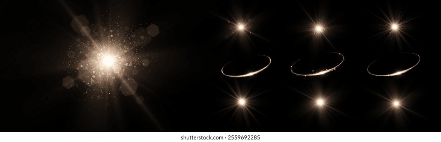 
Shining golden stars isolated on a black background. Effects, glare, lines, sparkle, explosion, golden light. Vector illustration