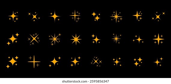 Shining golden stars isolated on black background. Effects, glare, lines, glitter, explosion, golden light
