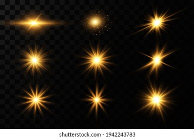 Shining golden stars. Light effects, glare, bokeh, glitter, explosion, golden light. Vector illustration.