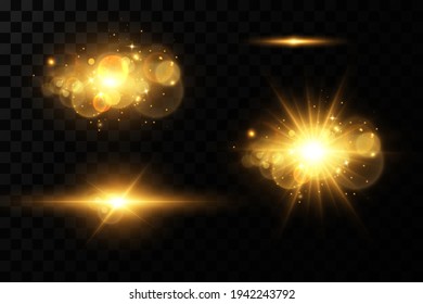 Shining golden stars. Light effects, glare, bokeh, glitter, explosion, golden light. Vector illustration.