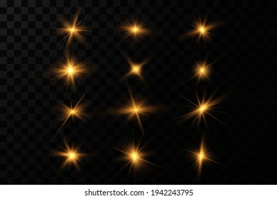 Shining golden stars. Light effects, glare, bokeh, glitter, explosion, golden light. Vector illustration.