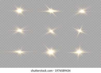 Shining golden stars. Light effects, glare, bokeh, glitter, explosion, golden light. Vector illustration.