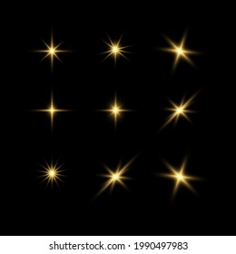 Shining golden stars. Light effects, glare, glitter, explosion, golden light. Vector illustration.
