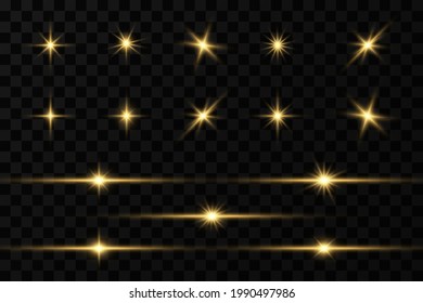 Shining golden stars. Light effects, glare, glitter, explosion, golden light. Vector illustration.
