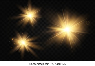 Shining golden stars. Light effects, glare, glitter, explosion, golden light. Vector illustration.