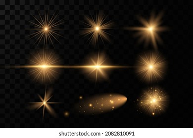 Shining golden stars. Light effects, glare, glitter, explosion, golden light. Vector illustration.
