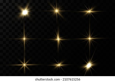 Shining golden stars. Light effects, glare, glitter, explosion, golden light. Vector illustration.Bright flash.