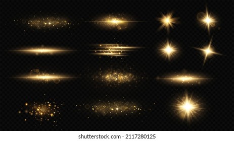 Shining golden stars. Light effects, glare, glitter, explosion, golden light. Vector illustration.Bright flash.
