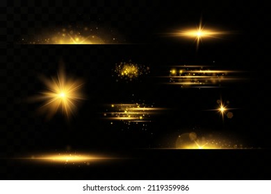 Shining golden stars. Light effects, glare, glitter, explosion, golden light. Vector illustration.Bright flash.