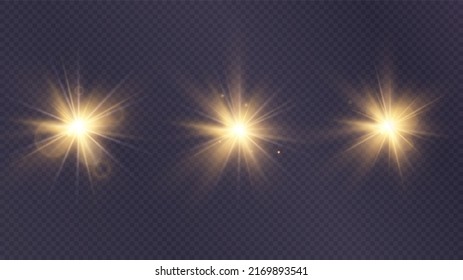 Shining golden stars. Light effects, glare, glitter, explosion, golden light. Vector illustration.