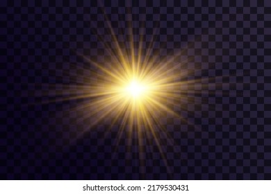 Shining golden stars. Light effects, glare, bokeh, glitter, explosion, golden light. Vector illustration.