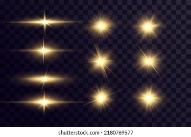 Shining golden stars. Light effects, glare, glitter, explosion, golden light. Vector illustration.