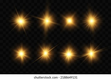 Shining golden stars. Light effects, glare, glitter, explosion, golden light. Vector illustration.