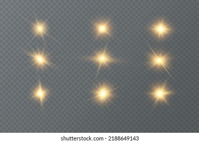 Shining golden stars. Light effects, glare, glitter, explosion, golden light. Vector illustration.