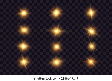 Shining golden stars. Light effects, glare, glitter, explosion, golden light. Vector illustration.