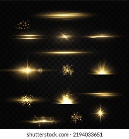 Shining golden stars. Light effects, glare, glitter, explosion, golden light. Vector illustration.