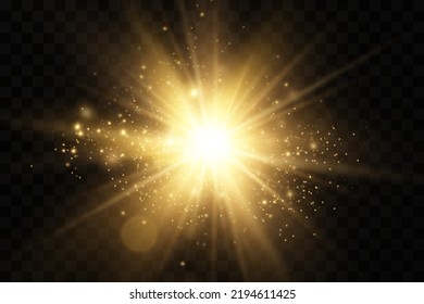 Shining golden stars. Light effects, glare, glitter, explosion, golden light. Vector illustration.