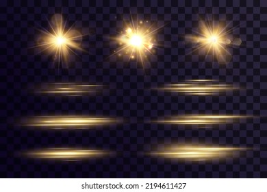 Shining golden stars. Light effects, glare, glitter, explosion, golden light. Vector illustration.