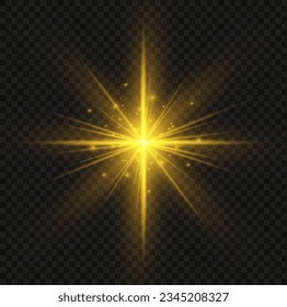Shining golden stars. Light effects, glare, bokeh, glitter, explosion, yellow sun. Abstract sunburst, digital flash, rainbow flare on transparent background. The star burst with brilliance, vector.