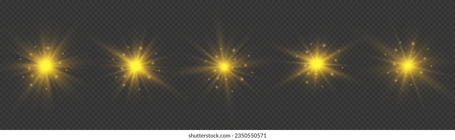 Shining golden stars. Light effects, glare, bokeh, glitter, explosion, yellow sun. The star burst with dust, vector. Abstract sunburst, digital flash, rainbow flare on transparent background. 