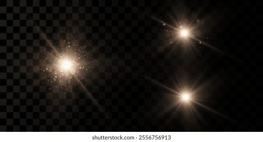 Shining golden stars. Light effects, glare, bokeh, glitter, explosion, golden light. Vector illustration.