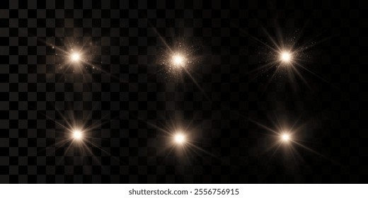 Shining golden stars. Light effects, glare, bokeh, glitter, explosion, golden light. Vector illustration.