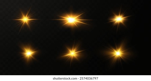 Shining golden stars. Light effects, glare, bokeh, glitter, explosion, golden light. Vector illustration.