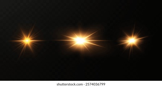 Shining golden stars. Light effects, glare, bokeh, glitter, explosion, golden light. Vector illustration.