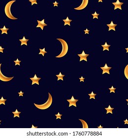 Shining golden stars and moon background. 3D vector illustration of space and night background. Seamless pattern. Seamless pattern. Design for poster design, website, cards, logo, print, wrapping. 