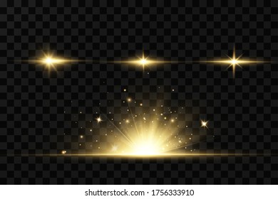 Shining golden stars, sun isolated on a black background. Effects, glare, lines, glitter, explosion, golden light. Vector illustration