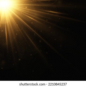 Shining golden sun, bright flash on a transparent background. Bright star. Golden glowing light explodes. Golden sparks glitter special light effect.