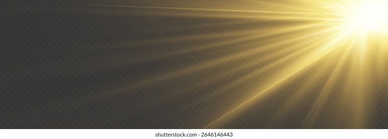 Shining golden sunbeam with glowing sparkles and lens flare. On transparent background