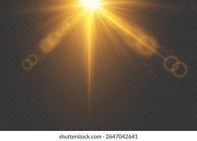 Shining golden sunbeam with glowing sparkles and lens flare. On transparent background