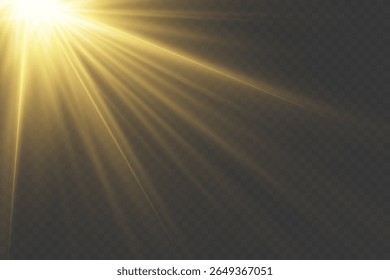 Shining golden sunbeam with glowing sparkles and lens flare. On transparent background