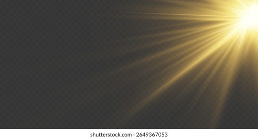 Shining golden sunbeam with glowing sparkles and lens flare. On transparent background