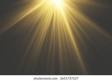 Shining golden sunbeam with glowing sparkles and lens flare. On transparent background