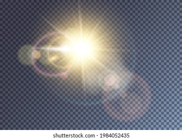 Brillante sol vectorial dorado con efecto de lente. Brillantes vistazos realistas y halo. Ilustración del día de verano caliente