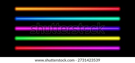 Shining gradient neon tube lamp set. Iridescent led light line beam collection. Bright luminous fluorescent bar sticks. Glowing colorful strip element pack to divide, separate, decorate. Vector